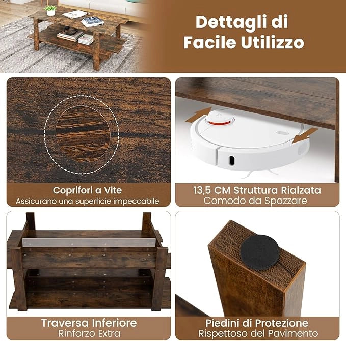 Tavolino da Caffè a 2 Ripiani, Tavolino Rettangolare da Salotto in Legno con Mensola di Stoccaggio, Ideale per Ufficio e Soggiorno, 115 x 59 x 46 cm (Marrone)