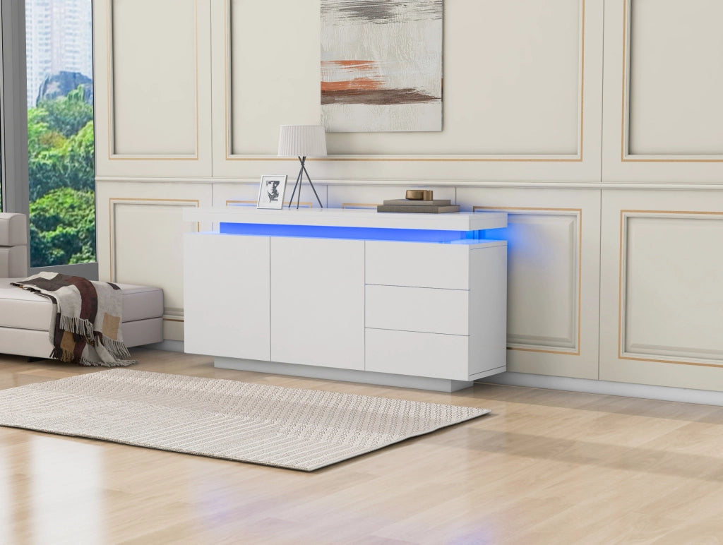 Credenza LED bianca lucida con 2 ante e 3 cassetti; truciolare