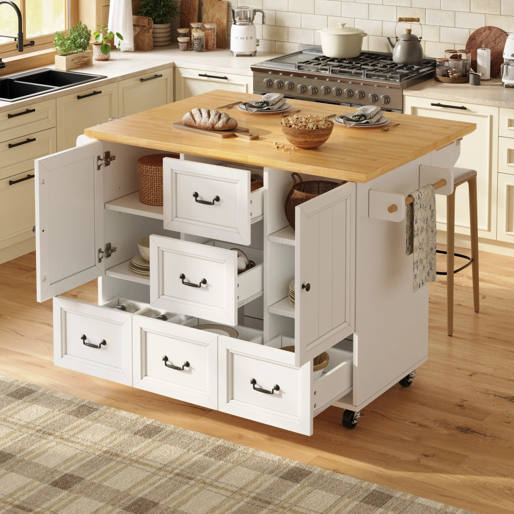 OKWISH Carrello da Cucina con Piano Pieghevole, 2 Ante e 5 Cassetti, Ruote, MDF e Metallo, Bianco
