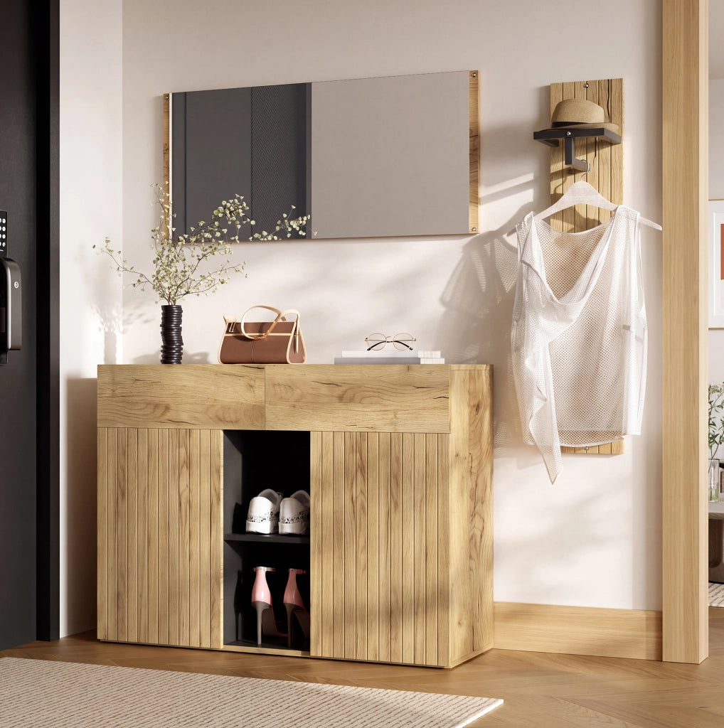 Set ingresso con specchio, appendiabiti e scarpiera in legno e nero 125x35x178 cm