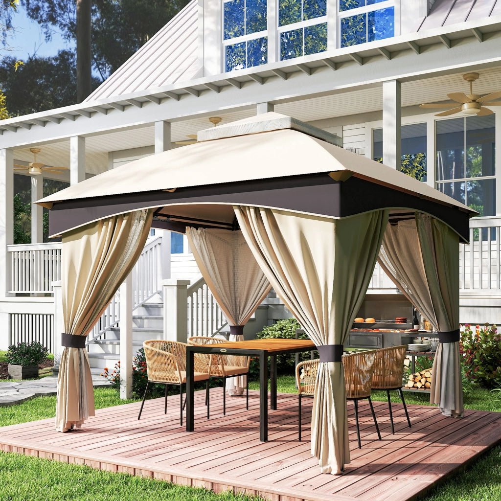 Gazebo da Giardino 3x3m in Acciaio con Doppio Tettuccio e Tende, Beige e Grigio