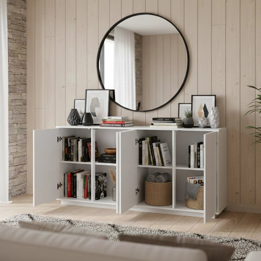 Credenza Aulina, Madia da cucina a 4 ante, Buffet da soggiorno, 100% Made in Italy, cm 180x41h86, Bianco lucido