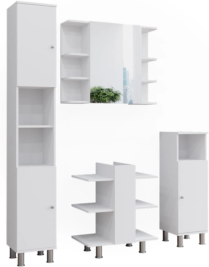 Set mobili bagno Fynn, Bianco, 79.6 cm, composto da mobile sottolavabo, specchiera e mobile medio