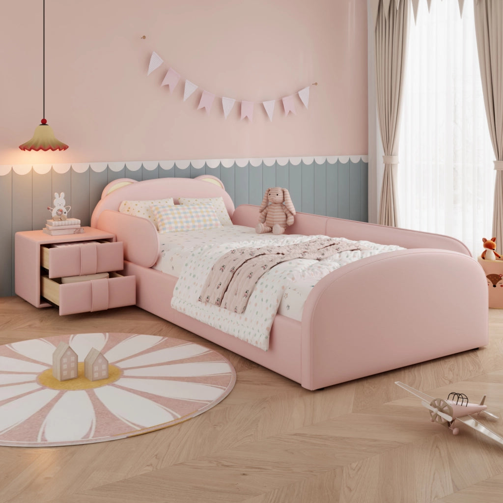 Letto per bambini 90 × 200 cm con testiera a forma di orso, comodino con 2 cassetti, senza materasso, rosa