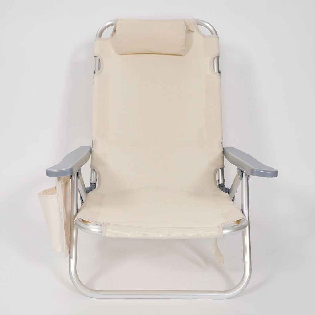 Set 2 Sedie Mare Spiaggine Pieghevoli in Alluminio con Poggiatesta e Tasca Laterale, Sdraio Spiaggia Basse con Braccioli, Tessuto Textilene Traspirante e Resistente, per Mare Campeggio Giardino, Beige
