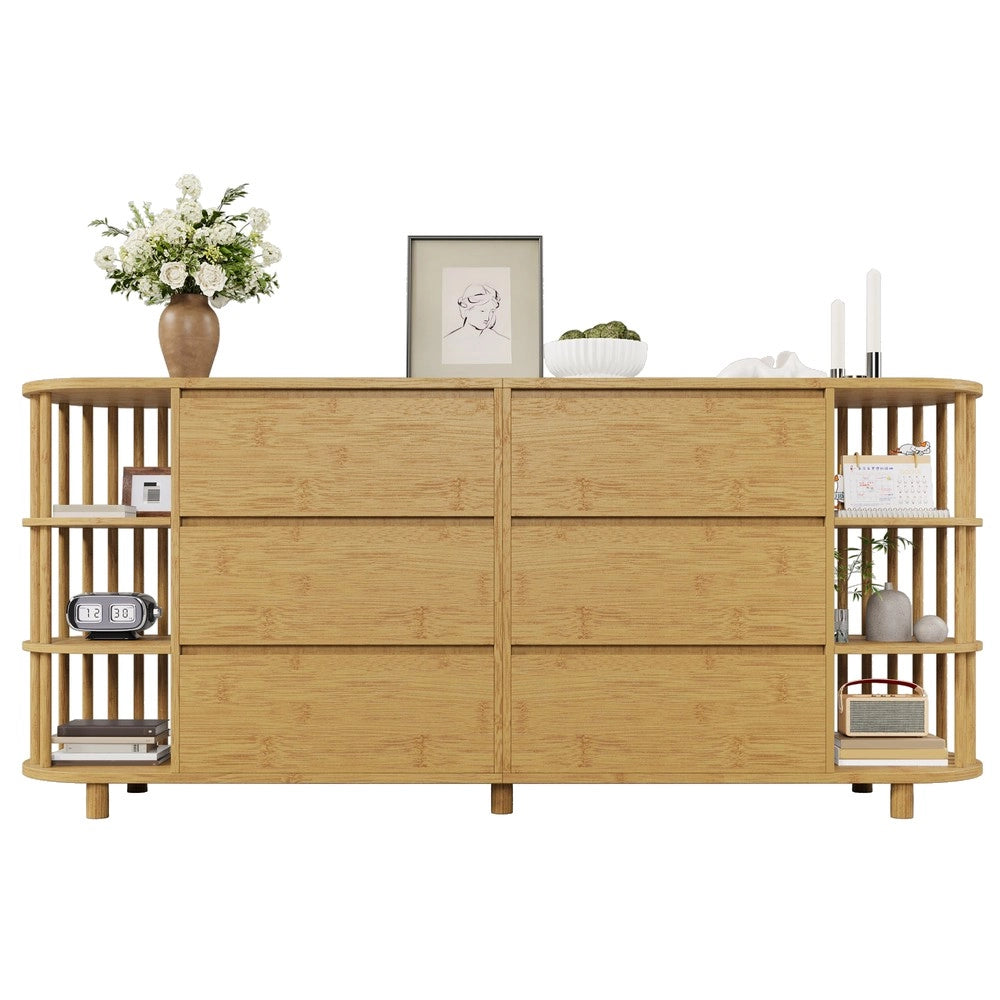 Cassettiera Sideboard con Ripiani in Bamb¨´ e Colonne ¨C MINIMAL ¨C Rovere, 6 Cassetti, 160x75x40 cm