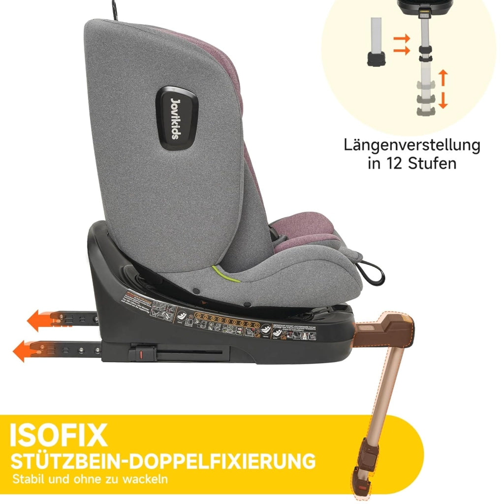 Seggiolino auto per bambini girevole 360 gradi con ISOFIX e reclinazione, cappottina removibile in tessuto rosa grigio