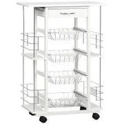Carrello da Cucina con Cassetto, 4 Cesti e 4 Ripiani, in Metallo, Ceramica e Legno, 57x37x83 cm, Bianco