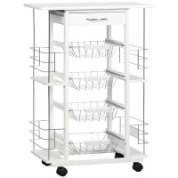 Carrello da Cucina con Cassetto, 4 Cesti e 4 Ripiani, in Metallo, Ceramica e Legno, 57x37x83 cm, Bianco