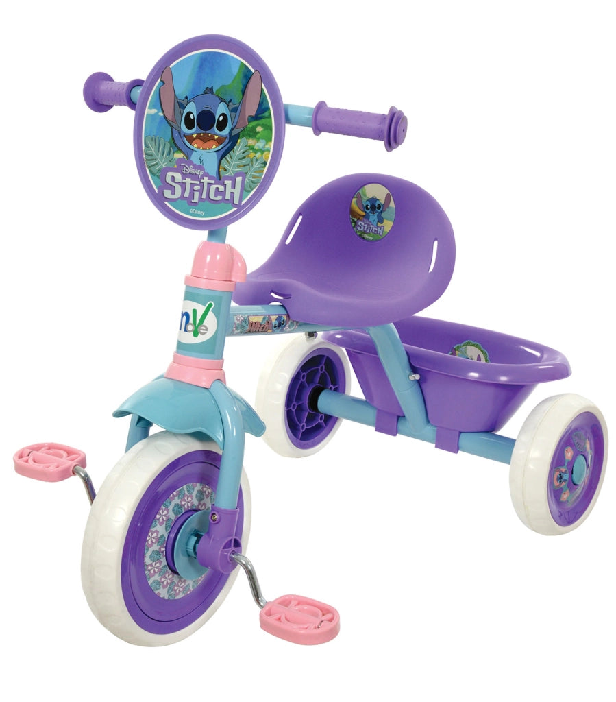 Triciclo a Pedali Primi Passi per Bambini con Maniglione Genitoriale Rimovibile e Vano Contenitore Disney Stitch Viola