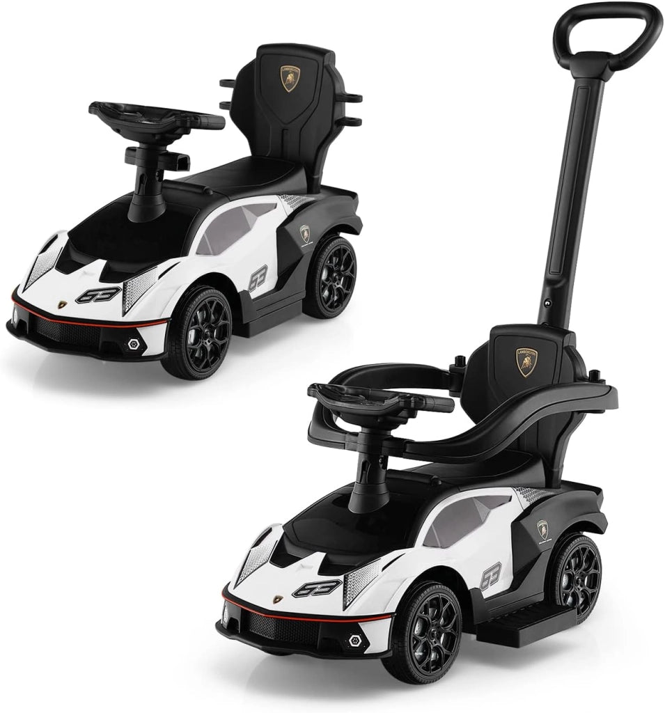 3 in 1 Lamborghini Auto a Spinta per Bambini, Macchina Cavalcabile con Impugnatura e Scatola di Stoccaggio, Ideale per Bambini 12-36 Mesi (Bianco)