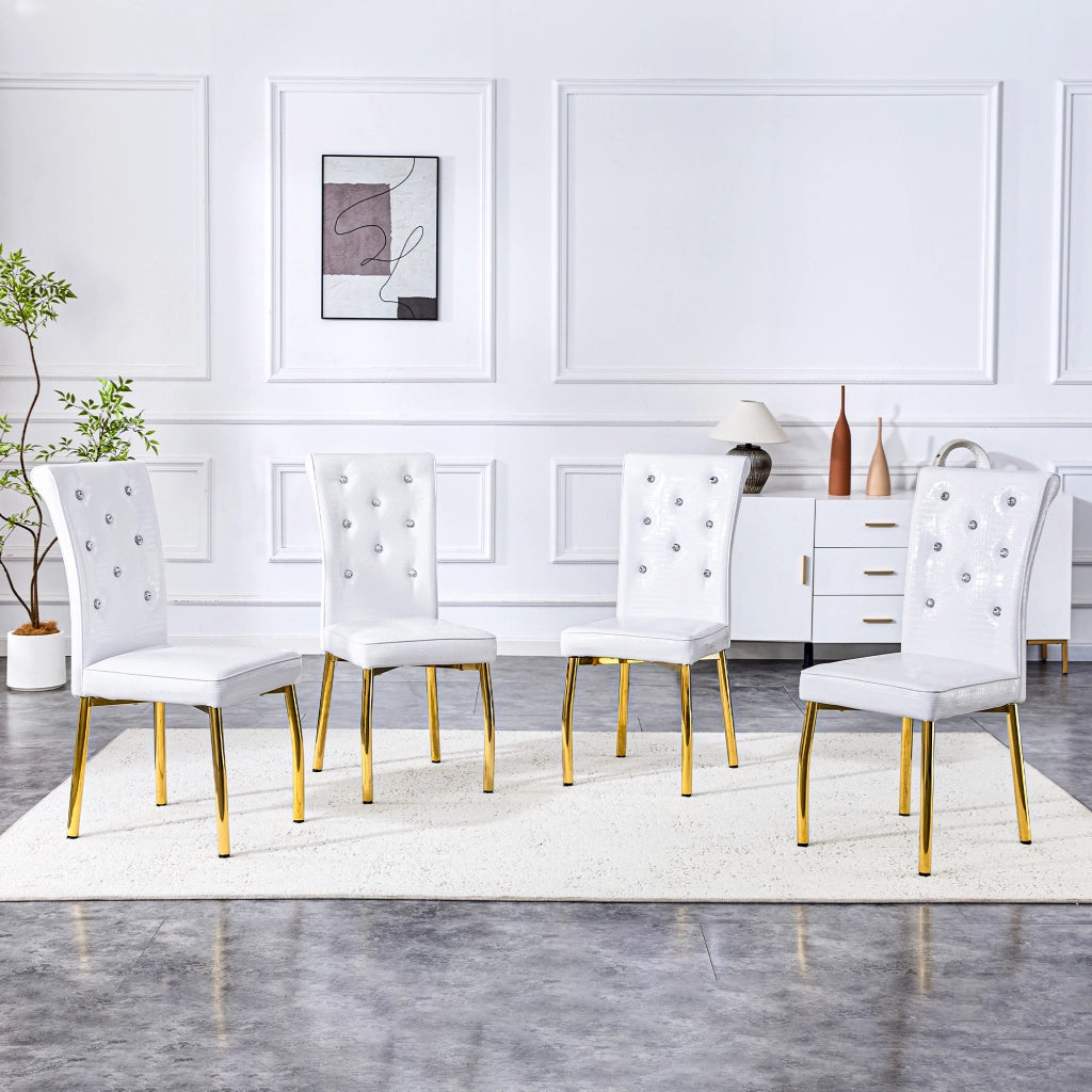 Sedia da Pranzo Set da 4 con Schienale Imbottito, Piedini Regolabili, in Metallo e PVC Bianco Oro