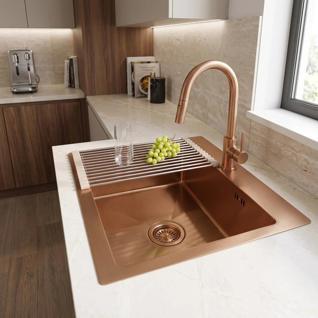 Lavello In Acciaio Con Set Di Accessori 3 Pz. Rea Leo 50 Brush Copper Accessori neri