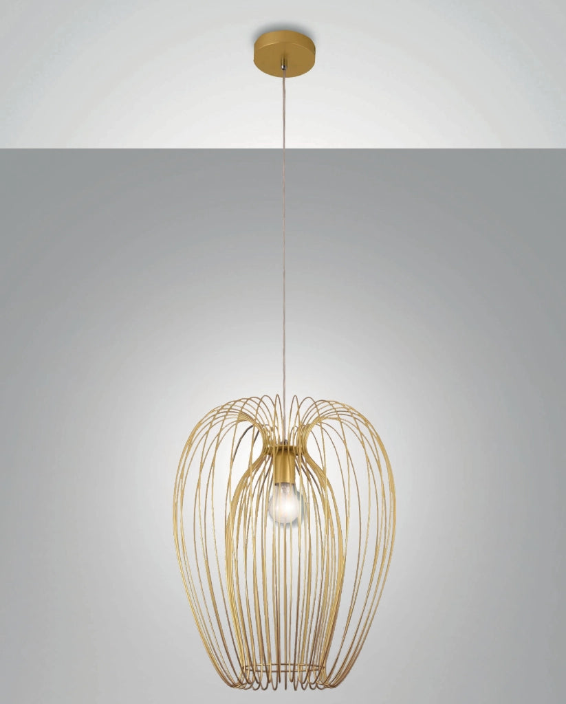 Lampada a sospensione Camp dal design industriale moderno, struttura in metallo, colore Oro opaco, attacco E27, ideale per illuminazione d'interni.