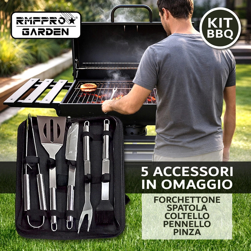 RMF Barbecue a Carbonella con Griglia XL con Termometro Integrato - Kit Accessori e Copertura inclusi, Carrello in Acciaio Resistente con Ruote, Ripiani Laterali Pieghevoli, Cassetto Raccogli-Cenere