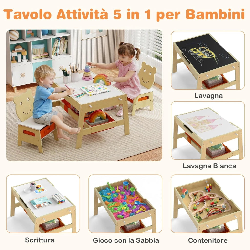 Set Tavolo e 2 Sedie per Bambini, 5 in 1 Tavolino e Sedie con 4 Ganci, 3 Scatole in Tessuto e Lavagna Reversibile per Bambini 3+ Anni per Cameretta Ragazzi (Naturale, Stile 4)