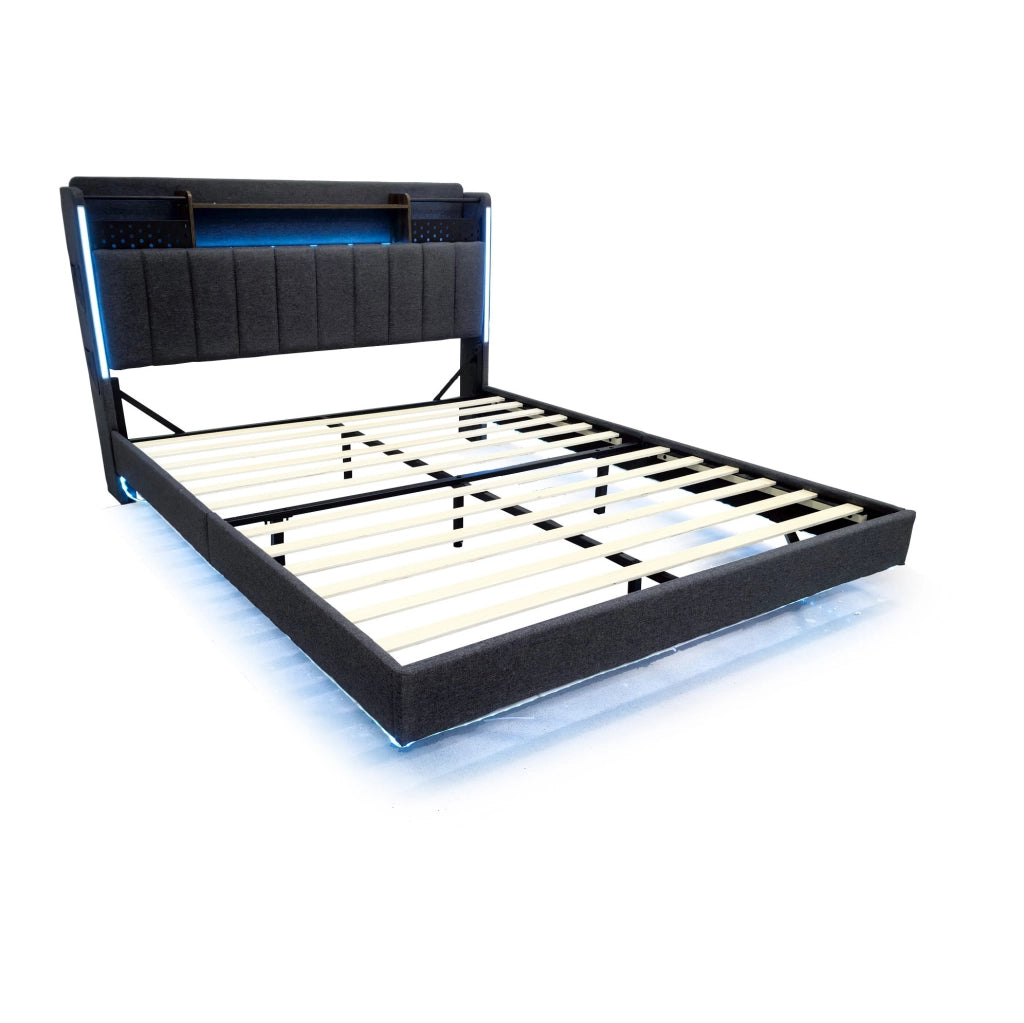 Letto imbottito 160x200 cm; testiera con USB e LED; contenitore; tessuto grigio (Senza materasso)