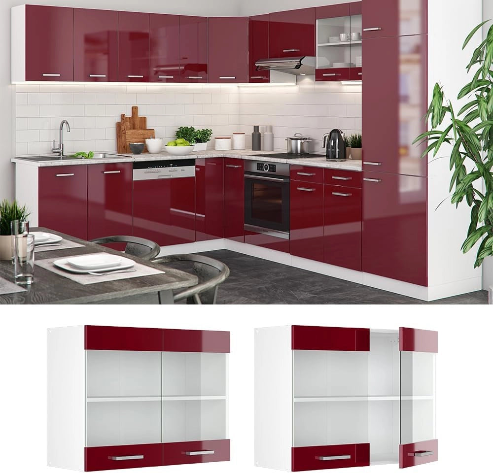 Mobile da cucina in vetro R-Line, Rosso lucido, 80 cm, per la libera combinazione all'interno di sistemi cucina modulari