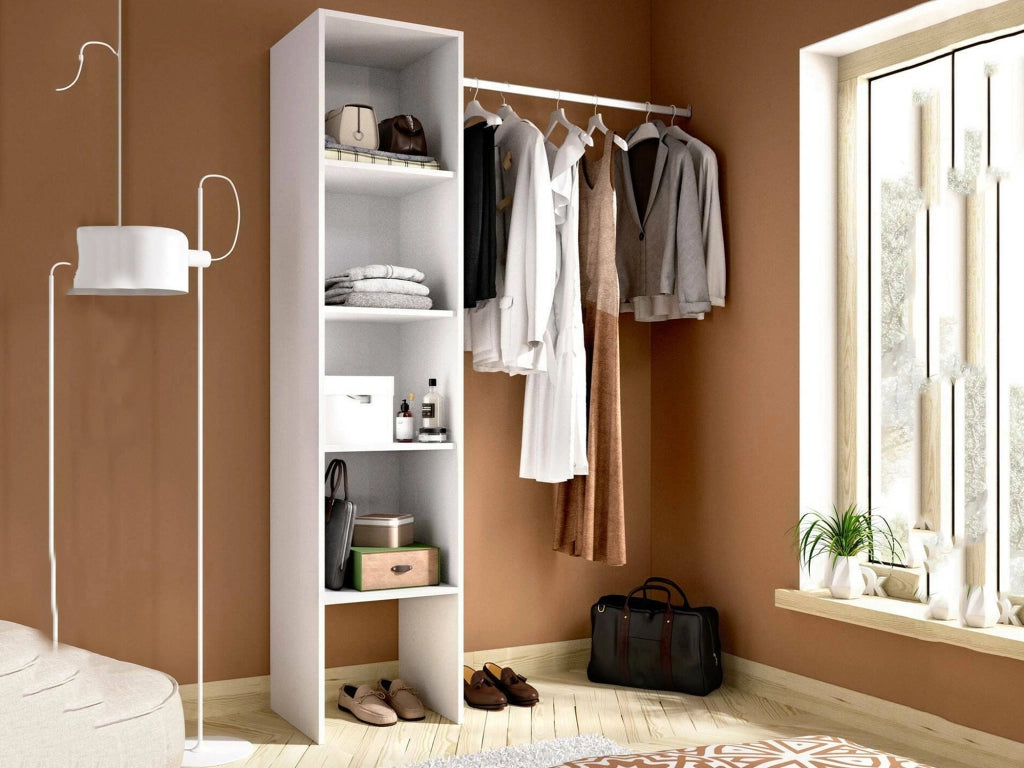 Guardaroba Adler, Struttura per cabina armadio, Mobile appendiabiti aperto, 138x40h186 cm, Bianco