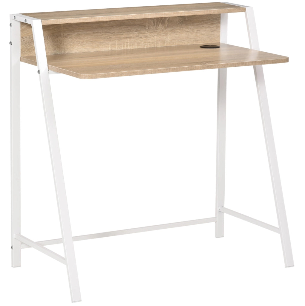 Scrivania per computer 84x45x85 cm bianco e rovere con passacavi e ripiano