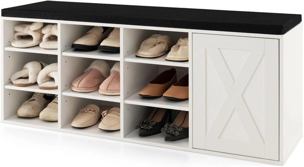 Panca Scarpiera da Ingresso, Scarpiera con Seduta Imbottito, 9 Scomparti e Armadio con Ante, Panca Contenitore con Ripiani Regolabili, per Camera da Letto Corridoio, 110,5x30x49 cm (Marrone)