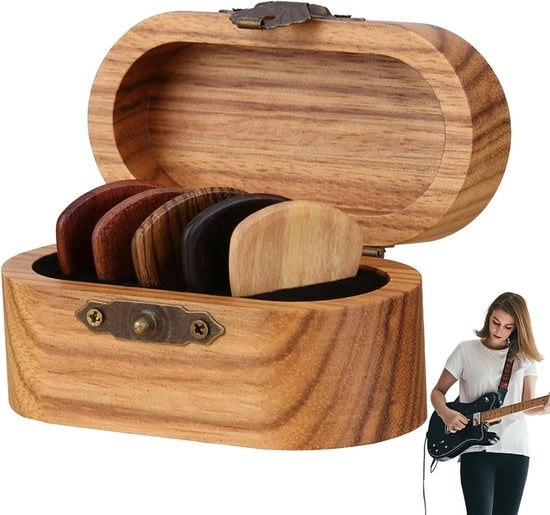 Set a plettro in legno 5 pezzi - Plettro personalizzato per chitarra e ukulele - Con contenitore di conservazione per uso domestico e regalo - Decorazione da caffè