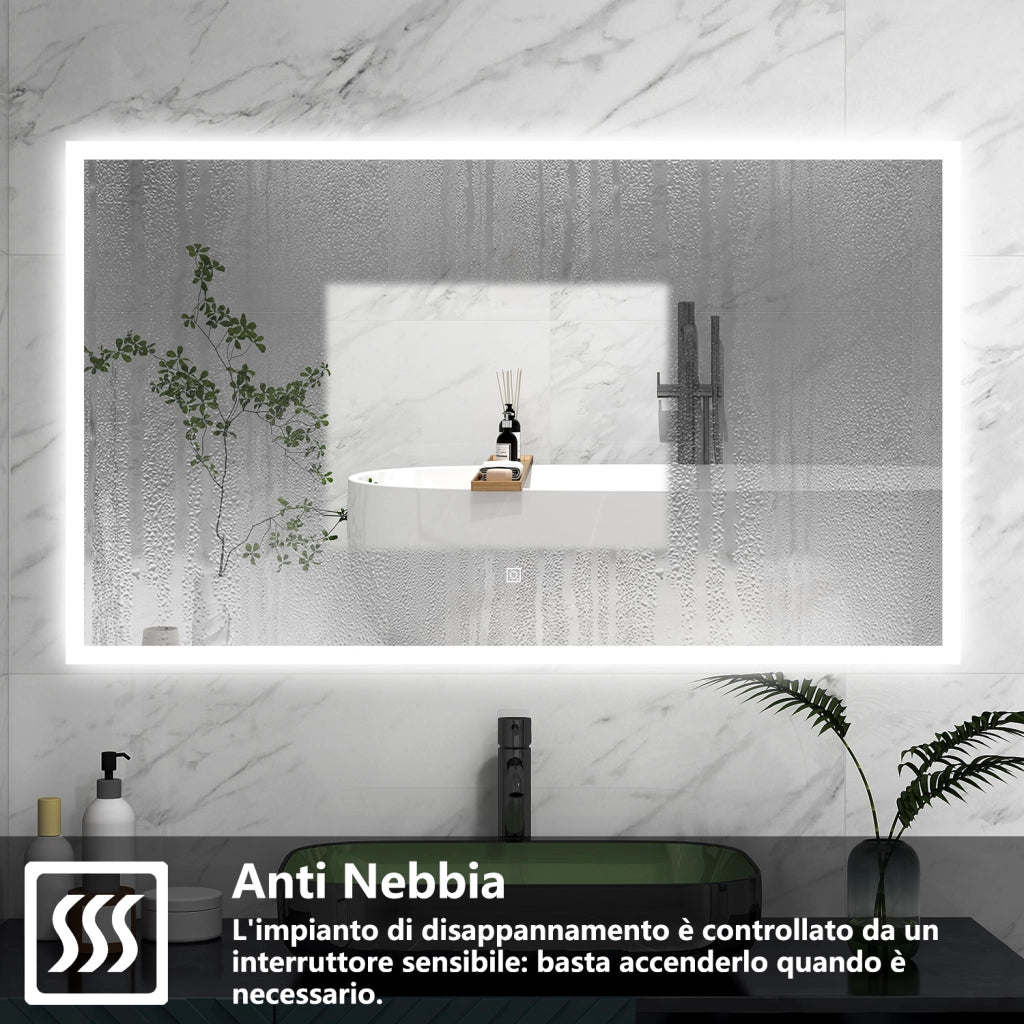 AICA Specchio 90x70cm,3 colori,Memoria, Antifog,Regorabile,Retroilluminato,doppio interruttore