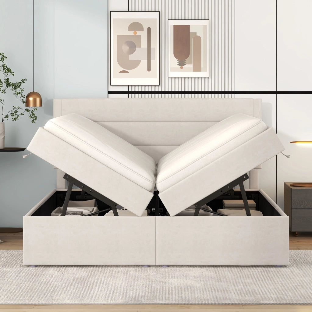 Letto Contenitore Matrimoniale 140x200 cm; Beige; con Rete Sollevabile; in Legno e MDF
