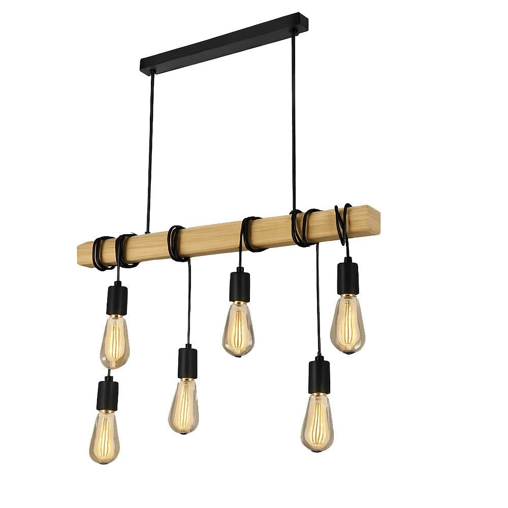 Trade Shop - Lampadario Sospensione Legno Stile Industriale 6 Portalampada E27 Lampada Cucina B47-6 -