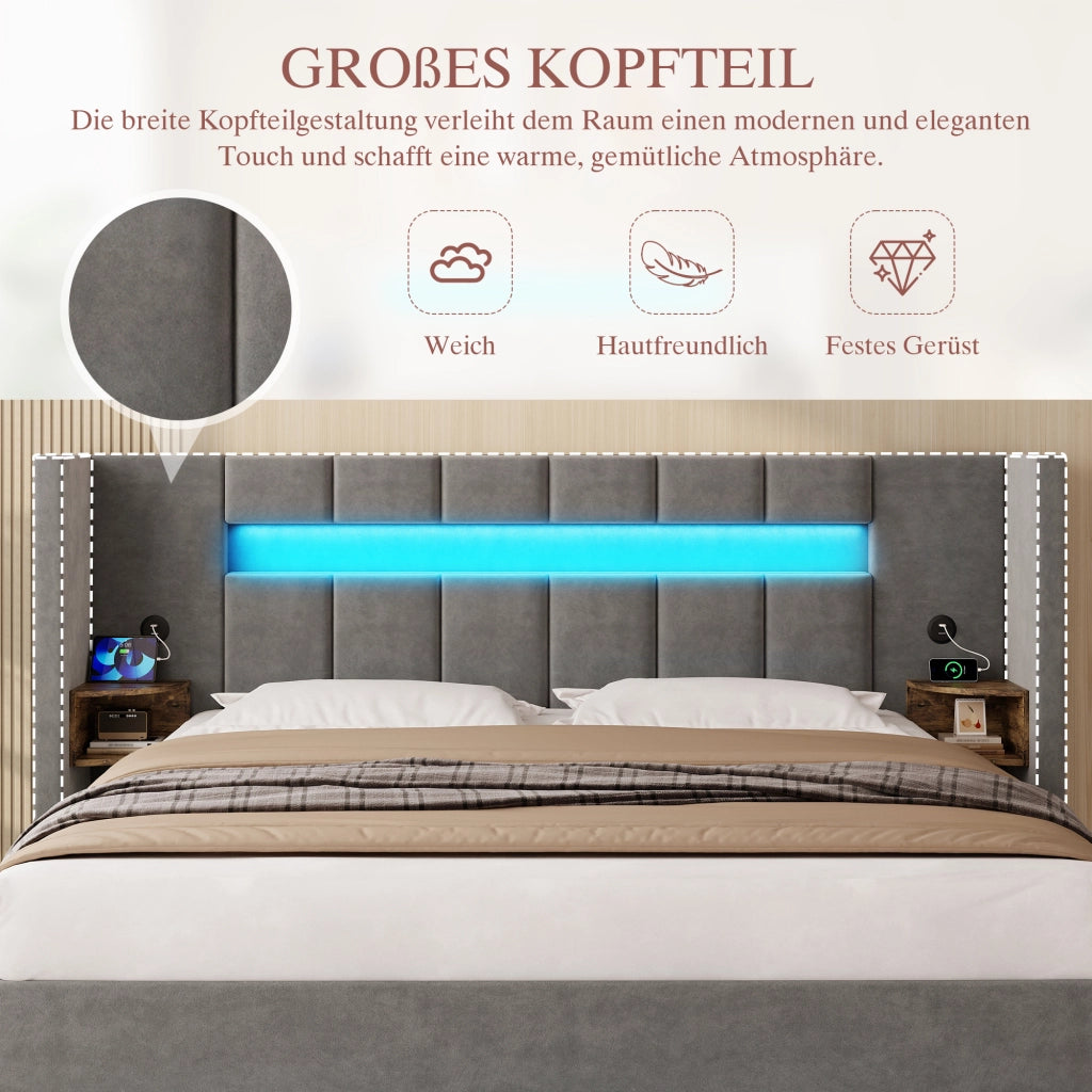 LETTO imbottito 180x200 cm in velluto grigio scuro con USB, LED e contenitore
