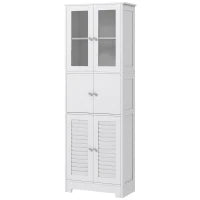Mobile Colonna Bagno con 3 Armadietti e Ante in Vetro e a Persiana, 60x30x170.5cm, Bianco