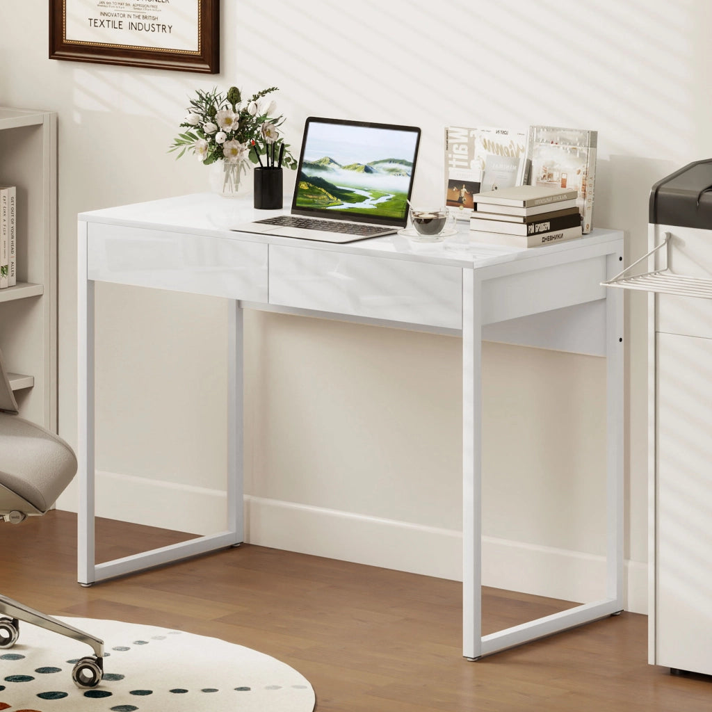 Scrivania con 2 Cassetti e Gambe in Acciaio ¨C zephmum ¨C Bianco Lucido 100x50x75 cm