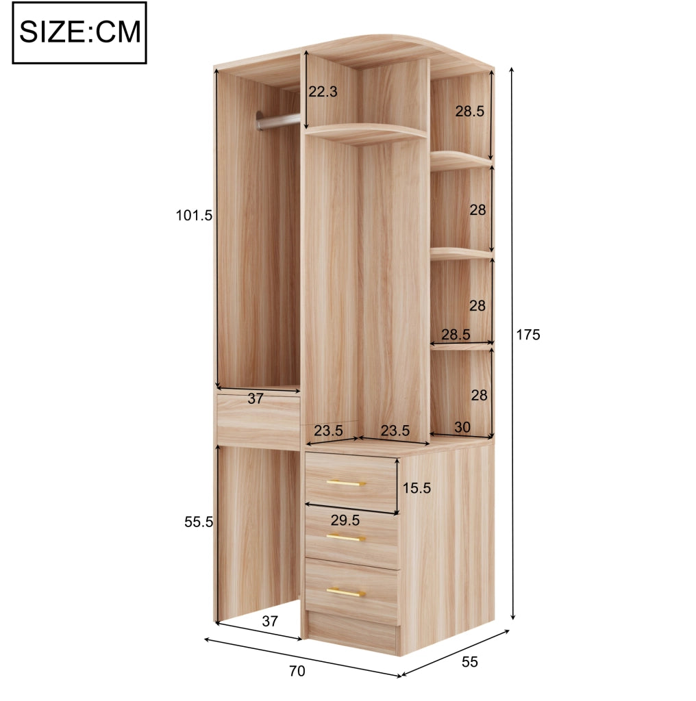 Armadio freestanding 70 x 55 x 175 cm con ripiani; asta appendiabiti e cassetti; MDF e legno