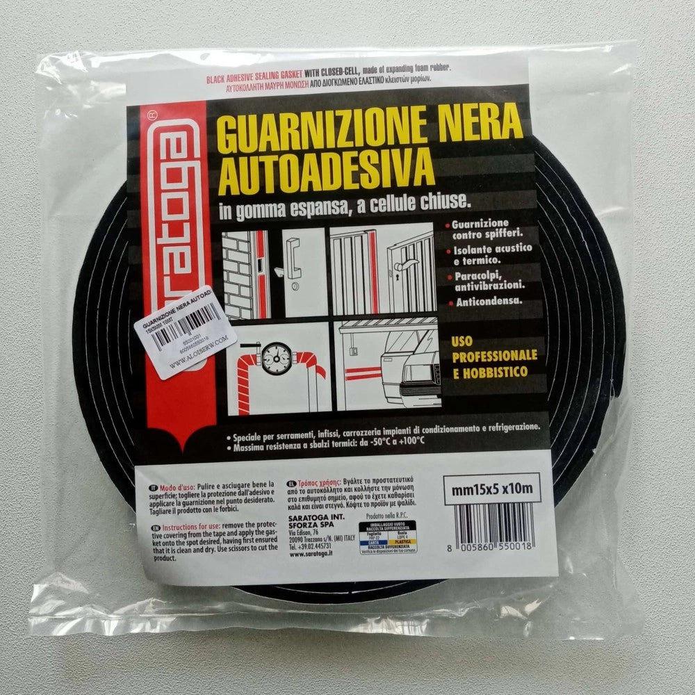 Guarnizione da 5 x 15mm lunghezza 10mt in gomma nera espansa autoadesiva