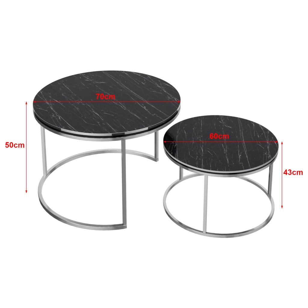 Set di 2 tavolini rotondi impilabili in marmo nero e argento 03_0008371