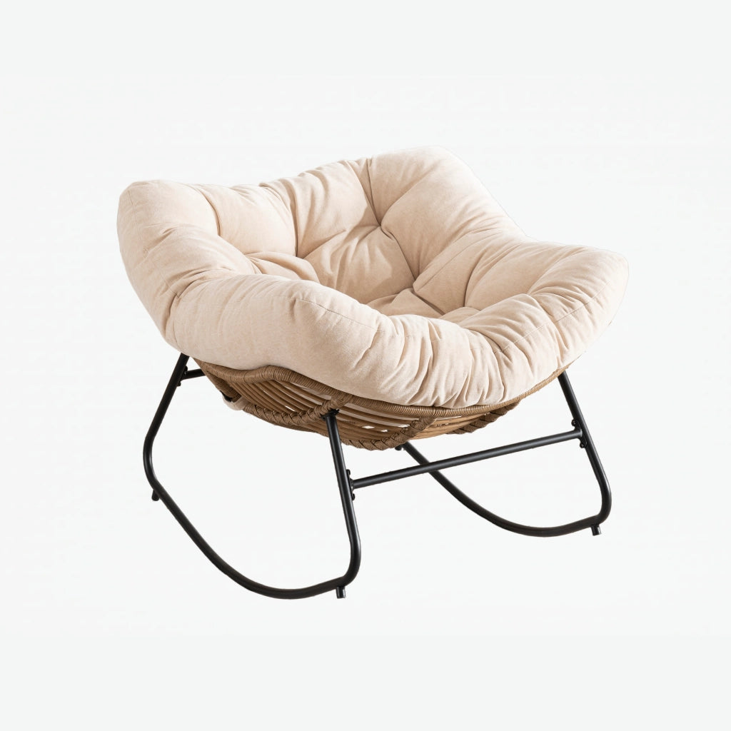 Poltrona a dondolo papasan in chenille con struttura ergonomica e supporto stabile beige 96 × 58 × 31 cm