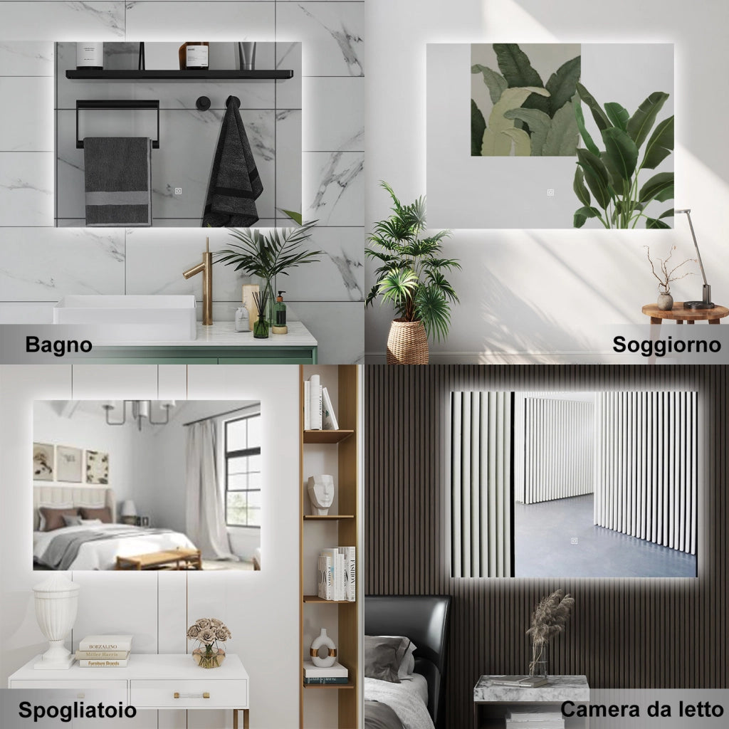 AICA Specchio da bagno 80 x 60 cm, antiappannamento, dimmerabile, interruttore touch, Funzione Memoria