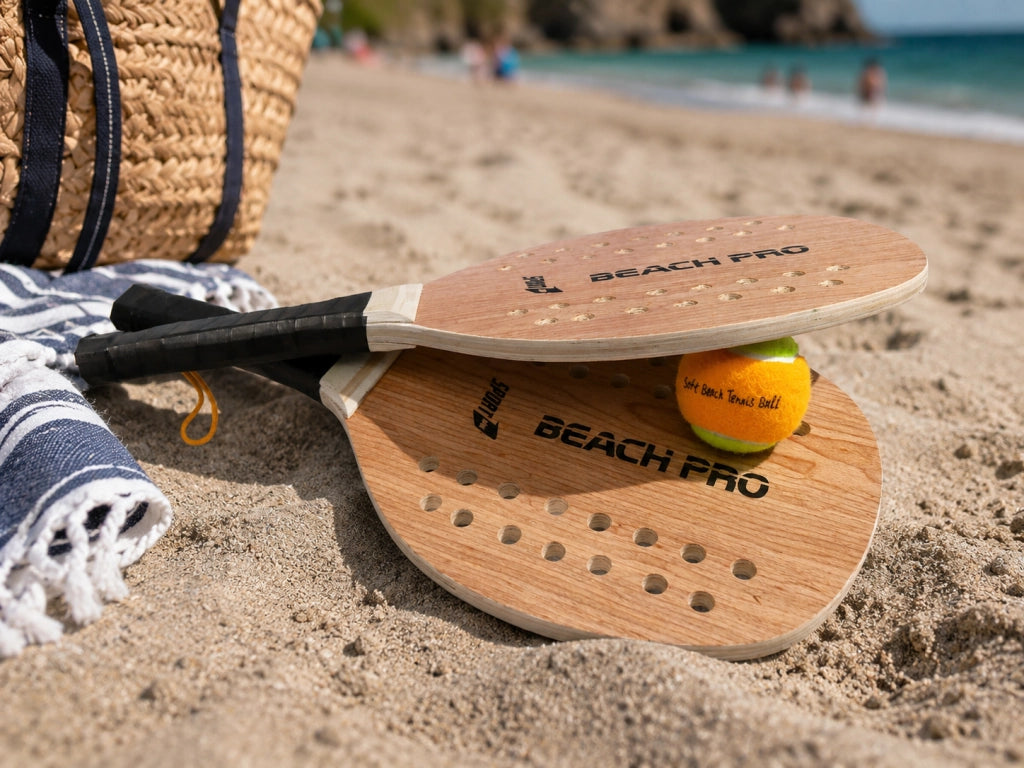 Coppia di Racchettoni da Spiaggia in Legno con Pallina Professionale