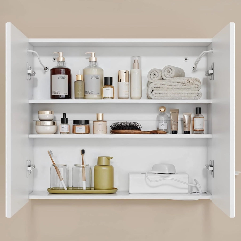 Armadio da bagno da, con specchio e illuminazione a LED, dimmerabile, con sensore di contatto, presa elettrica, ripiani regolabili, doppia porta in MDF di alta qualità, bianco (60 x 80