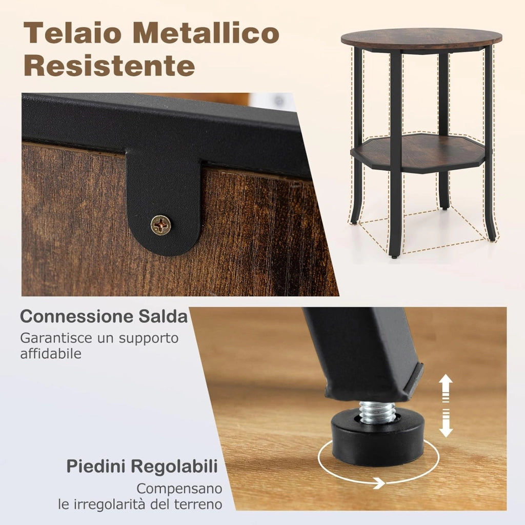 Tavolino Laterale Rotondo a 2 Livelli, Tavolino da Salotto Industriale con Ripiano di Stoccaggio, Struttura in Metallo, Comodino Moderno per Soggiorno e Ufficio, 50 x 50 x 61 cm (Marrone)