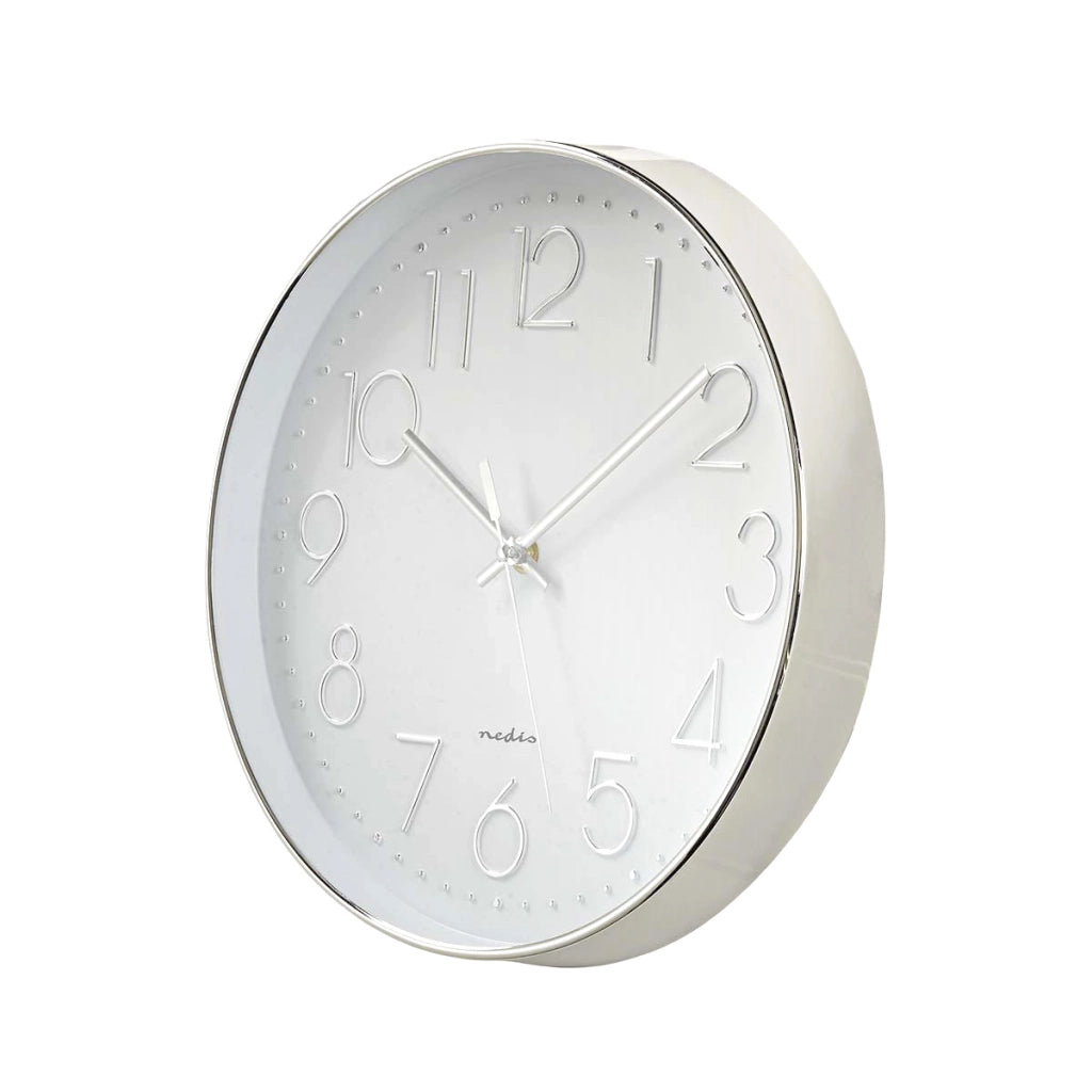 Orologio da Parete Rotondo 30cm con Grandi Numeri e Movimento al Quarzo Preciso Bianco / Argento Nedis