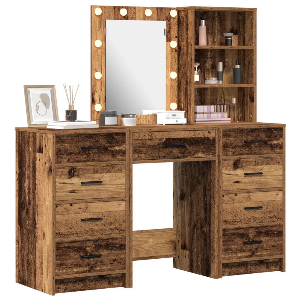 Set Tavolo Trucco 3 Pezzi con LED Legno Antico