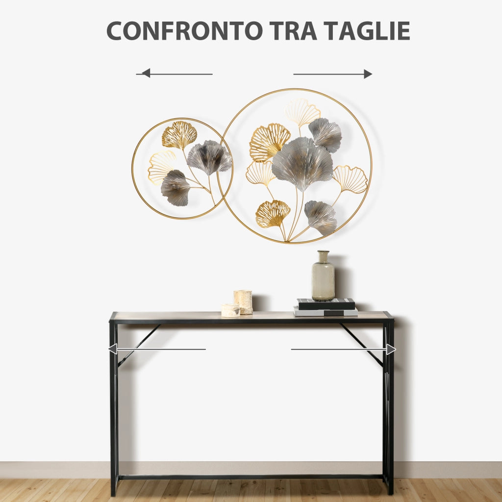 EasyComfort Decorazione Murale 3D in Metallo, Wall Art Dorata con Ginkgo in due Cornici Rotonde, 102x66.2cm, Oro e Argento