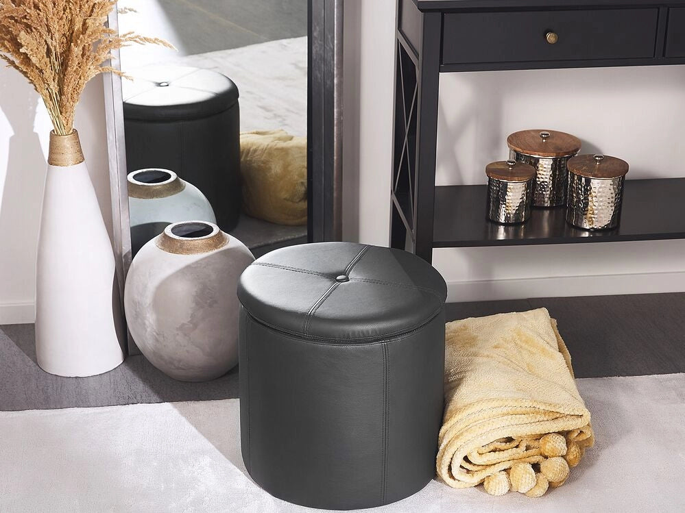 Pouf Ecopelle Nero 40 x 38 cm con Sgabello Contenitivo Glamour