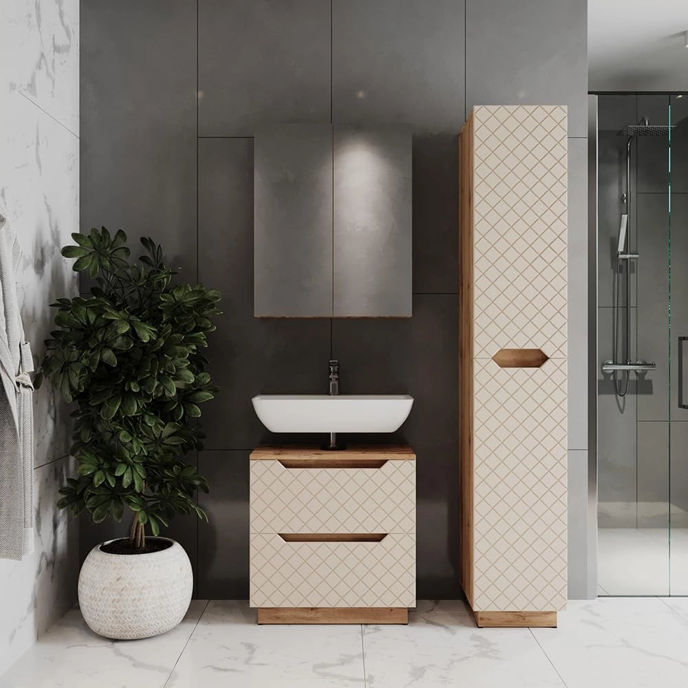 Set di mobili da bagno Lotta, Cachemire, 59.8 cm, composto da mobile sottolavabo, specchiera e colonna alta