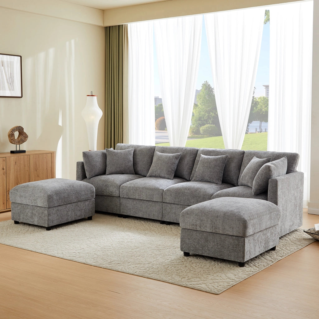 Divano modulare 4 posti con 2 pouf e braccioli regolabili in Chenille Grigio 284 × 156.5 × 86 cm