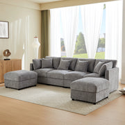 Divano modulare 4 posti con 2 pouf e braccioli regolabili in Chenille Grigio 284 × 156.5 × 86 cm