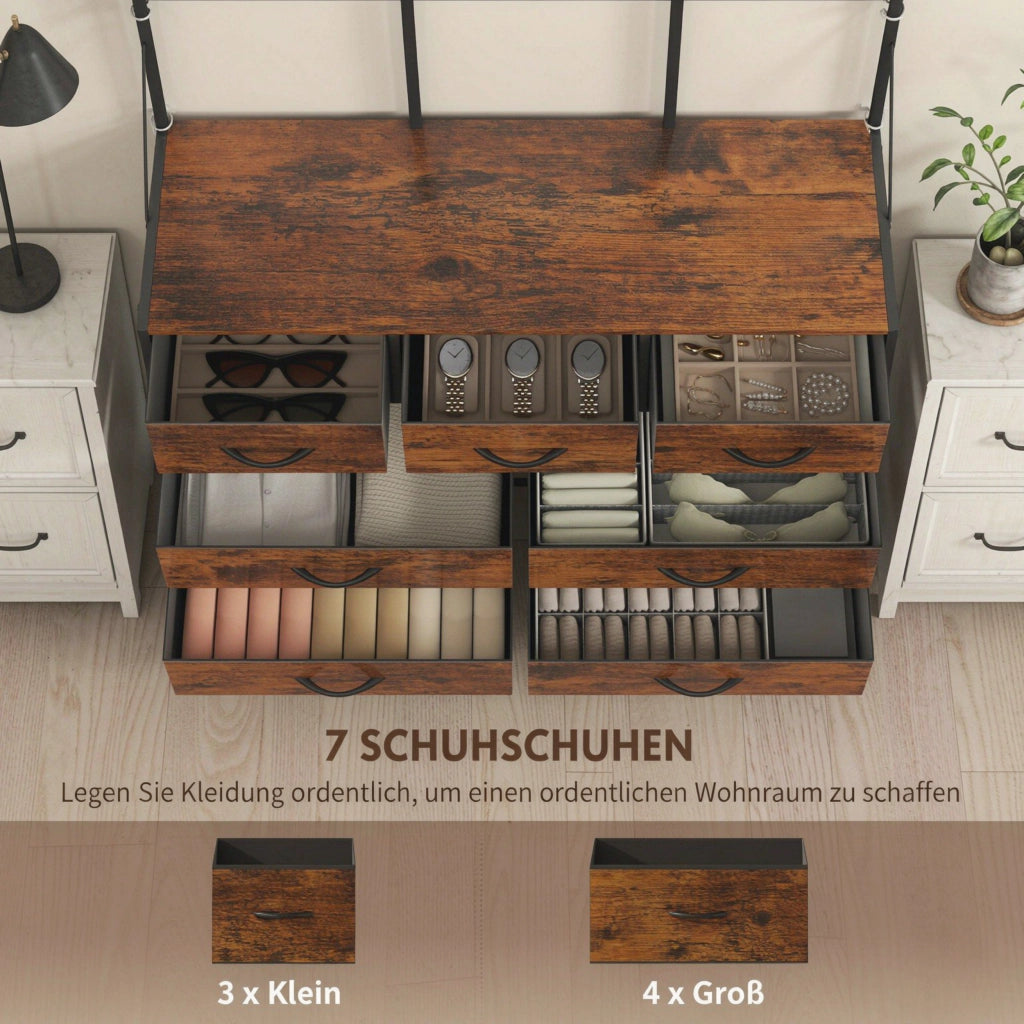 Set mobile ingresso 4-in-1, armadio con 7 cassetti in tessuto e 14 ganci