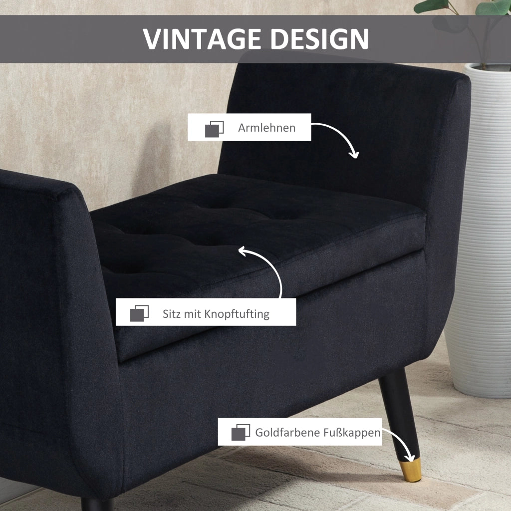 Panca contenitore elegante con seduta imbottita e interno capiente, gambe in legno di caucciù, poliestere, nero