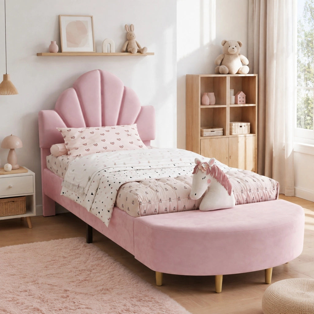 Letto singolo imbottito rosa 90x200 cm con testiera in velluto e panca coordinata